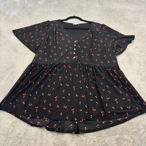 SirenLily Tunic Top Womens 2X Black Cherry Print Flutter Sleeve Sheer Overlay